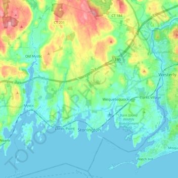 Mapa topográfico Stonington, altitud, relieve