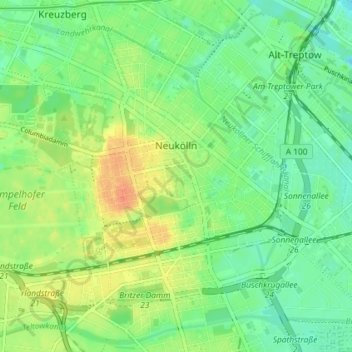 Mapa topográfico Neukölln, altitud, relieve