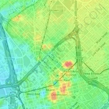 Mapa topográfico Klyde Warren Park-Arts District PID, altitud, relieve