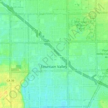 Mapa topográfico Fountain Valley, altitud, relieve