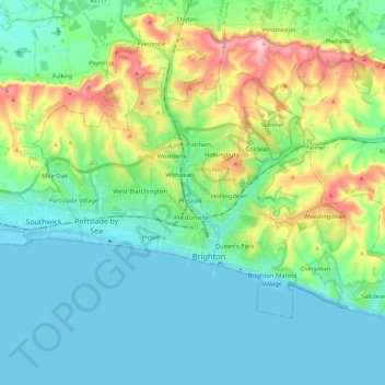 Mapa topográfico Brighton and Hove, altitud, relieve