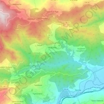 Mapa topográfico Tifra, altitud, relieve