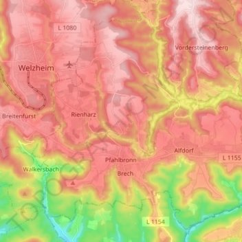 Mapa topográfico Pfahlbronn, altitud, relieve