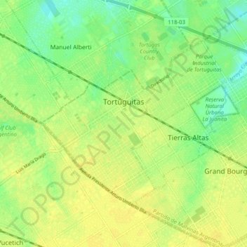 Mapa topográfico Tortuguitas, altitud, relieve