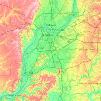 Mapa topográfico Louisville, altitud, relieve