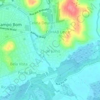 Mapa topográfico 25 de Julho, altitud, relieve