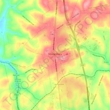 Mapa topográfico Shrewsbury, altitud, relieve