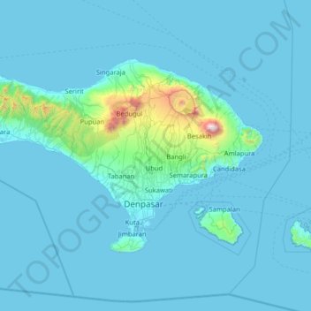 Mapa topográfico Bali, altitud, relieve