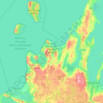 Mapa topográfico Sleeping Bear Dunes National Lakeshore, altitud, relieve