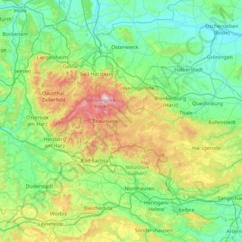 Mapa topográfico Harz, altitud, relieve