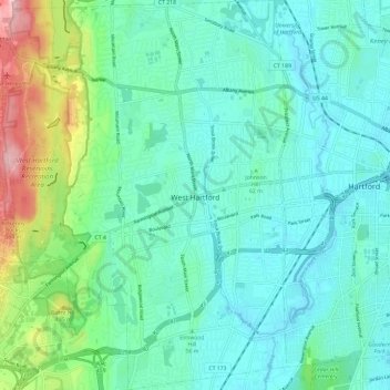 Mapa topográfico West Hartford, altitud, relieve