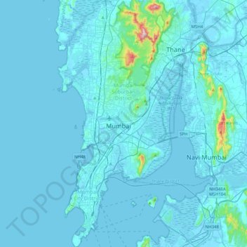 Mapa topográfico Mumbai, altitud, relieve
