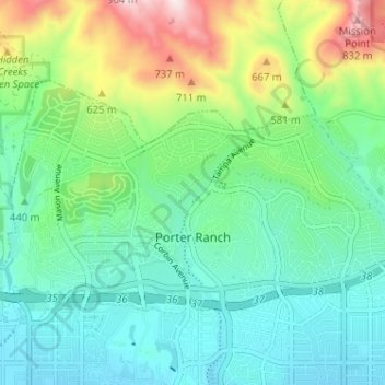 Mapa topográfico Porter Ranch, altitud, relieve