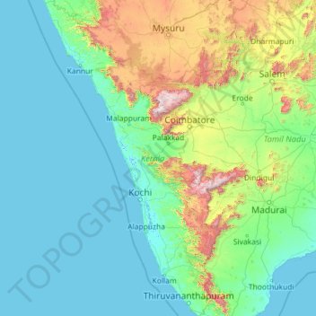 Mapa topográfico Kerala, altitud, relieve