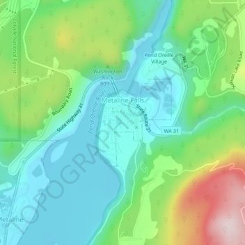 Mapa topográfico Metaline Falls, altitud, relieve