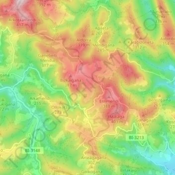 Mapa topográfico Rigoitia, altitud, relieve
