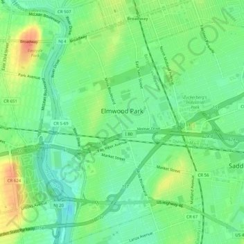 Mapa topográfico Elmwood Park, altitud, relieve