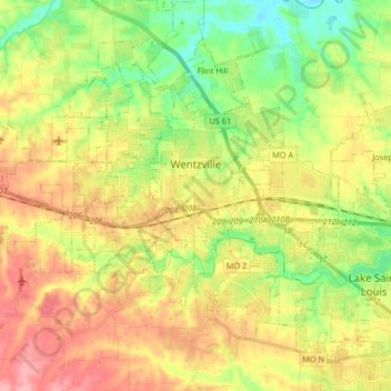 Mapa topográfico Wentzville, altitud, relieve