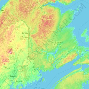 Mapa topográfico New Brunswick, altitud, relieve