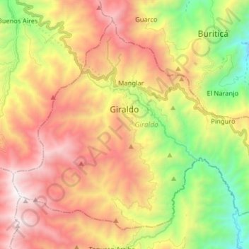 Mapa topográfico Giraldo, altitud, relieve