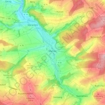 Mapa topográfico Miehlen, altitud, relieve