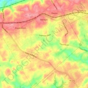 Mapa topográfico Easttown Township, altitud, relieve