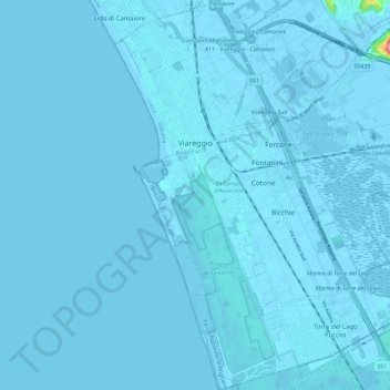 Mapa topográfico Viareggio, altitud, relieve