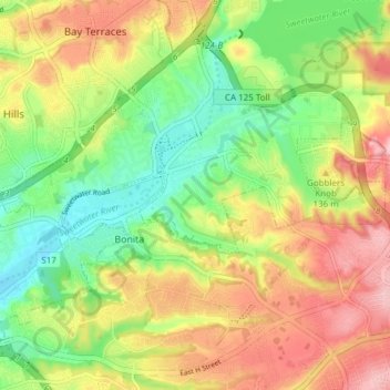 Mapa topográfico Bonita, altitud, relieve