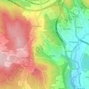 Mapa topográfico Os Tilos, altitud, relieve