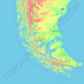 Mapa topográfico Región de Magallanes y de la Antártica Chilena, altitud, relieve