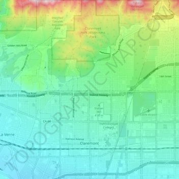 Mapa topográfico Claremont, altitud, relieve