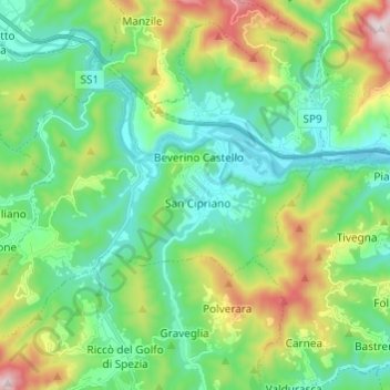 Mapa topográfico Beverino, altitud, relieve