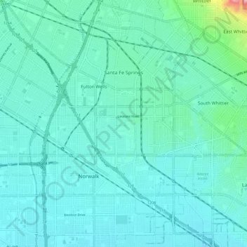 Mapa topográfico Santa Fe Springs, altitud, relieve