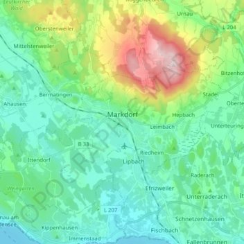 Mapa topográfico Markdorf, altitud, relieve