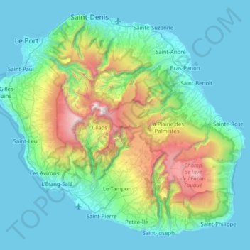 Mapa topográfico La Réunion, altitud, relieve