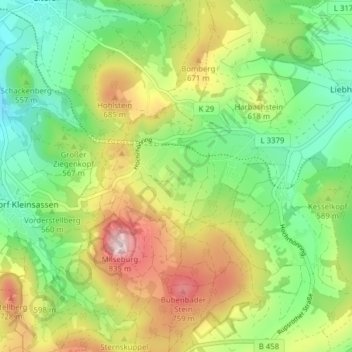 Mapa topográfico Liebhards, altitud, relieve