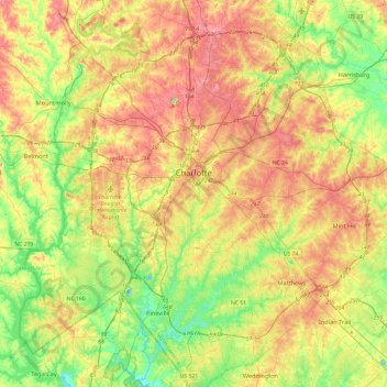 Mapa topográfico Charlotte, altitud, relieve