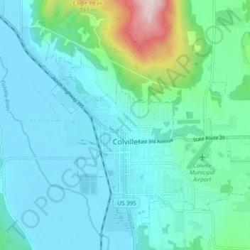Mapa topográfico Colville, altitud, relieve