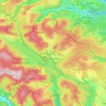 Mapa topográfico Schluchsee (Ort), altitud, relieve