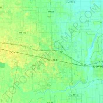 Mapa topográfico Weslaco, altitud, relieve