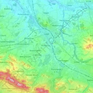 Mapa topográfico Lage, altitud, relieve