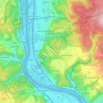 Mapa topográfico Erpel, altitud, relieve