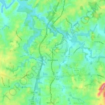 Mapa topográfico Woodstock, altitud, relieve