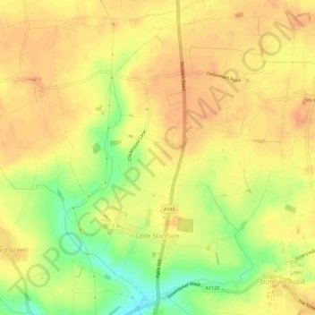 Mapa topográfico Stonham Parva, altitud, relieve