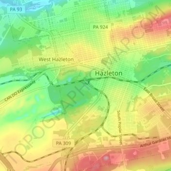 Mapa topográfico Hazleton, altitud, relieve