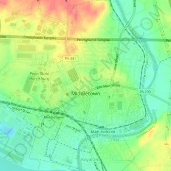 Mapa topográfico Middletown, altitud, relieve