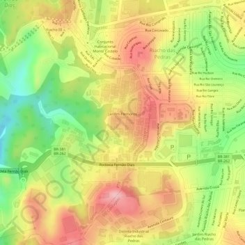 Mapa topográfico Jardim Piemonte, altitud, relieve