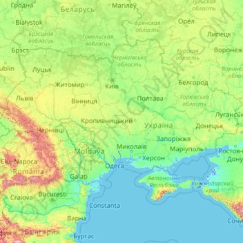 Mapa topográfico Ukraine, altitud, relieve