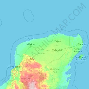 Mapa topográfico Юкатан, altitud, relieve