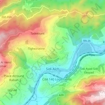 Mapa topográfico Sidi-Aïch, altitud, relieve